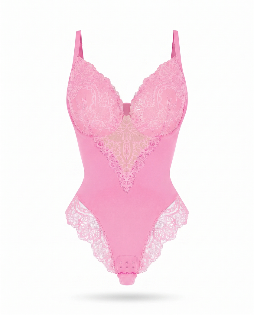 Seamless Lace V-Neck Bodysuit in pink, front product view