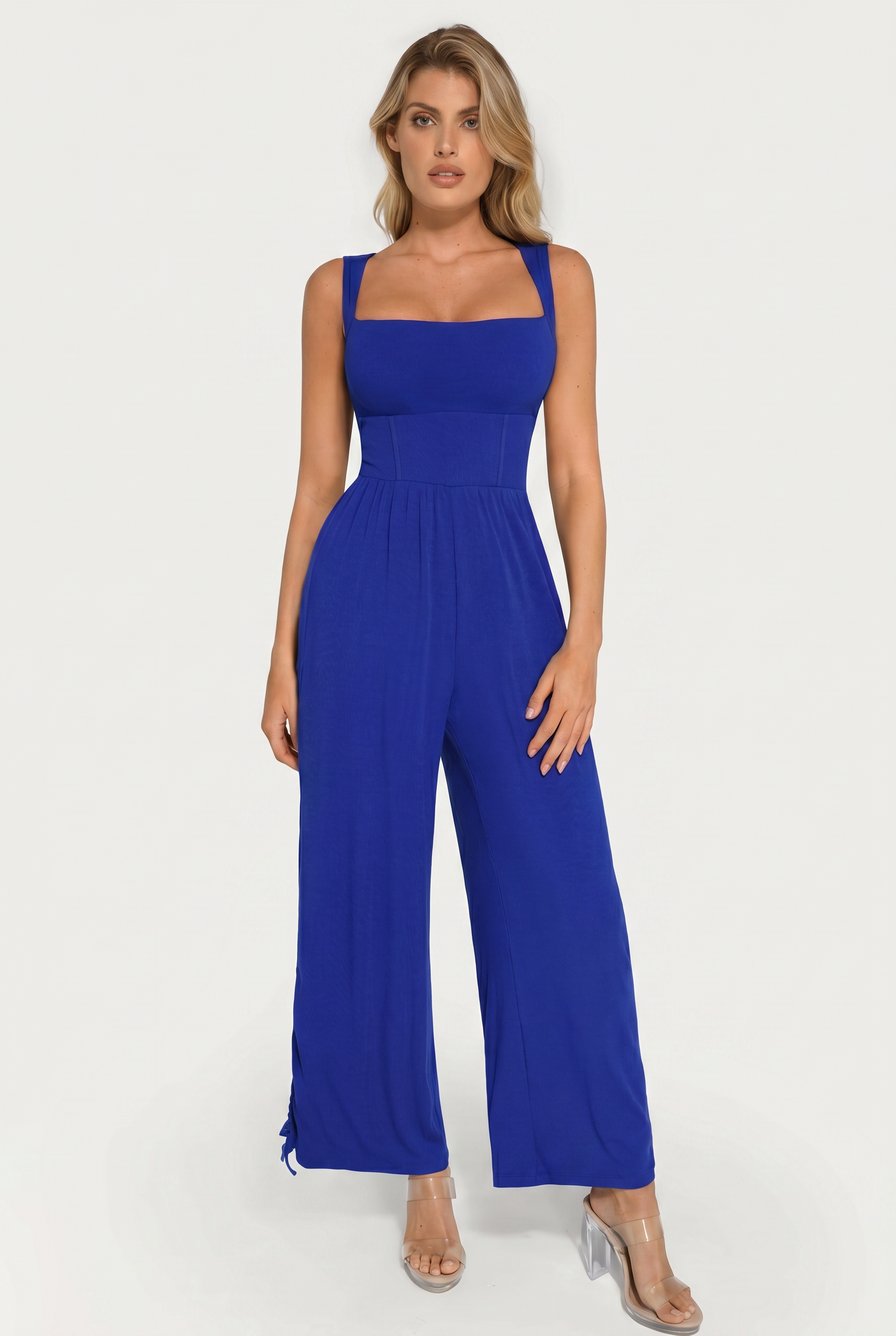 Model wearing square neck wide-leg jumpsuit, front