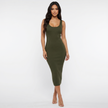 Model wearing olive midi dress, front