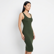Model wearing olive midi dress, three-quarter angle