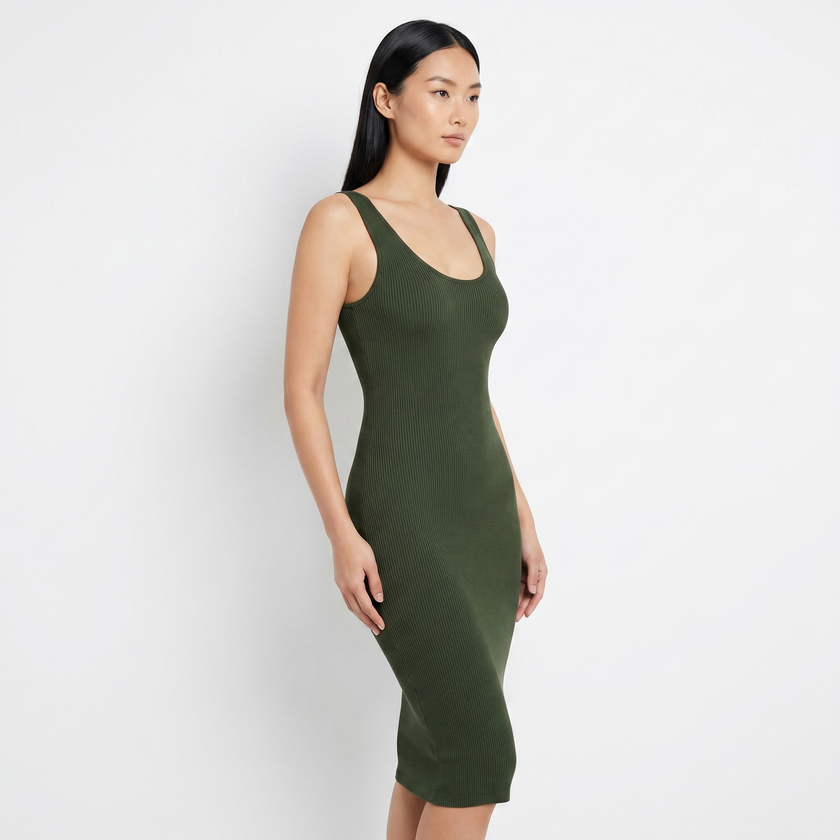 Model wearing olive midi dress, three-quarter angle