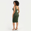 Model wearing olive midi dress, back angle