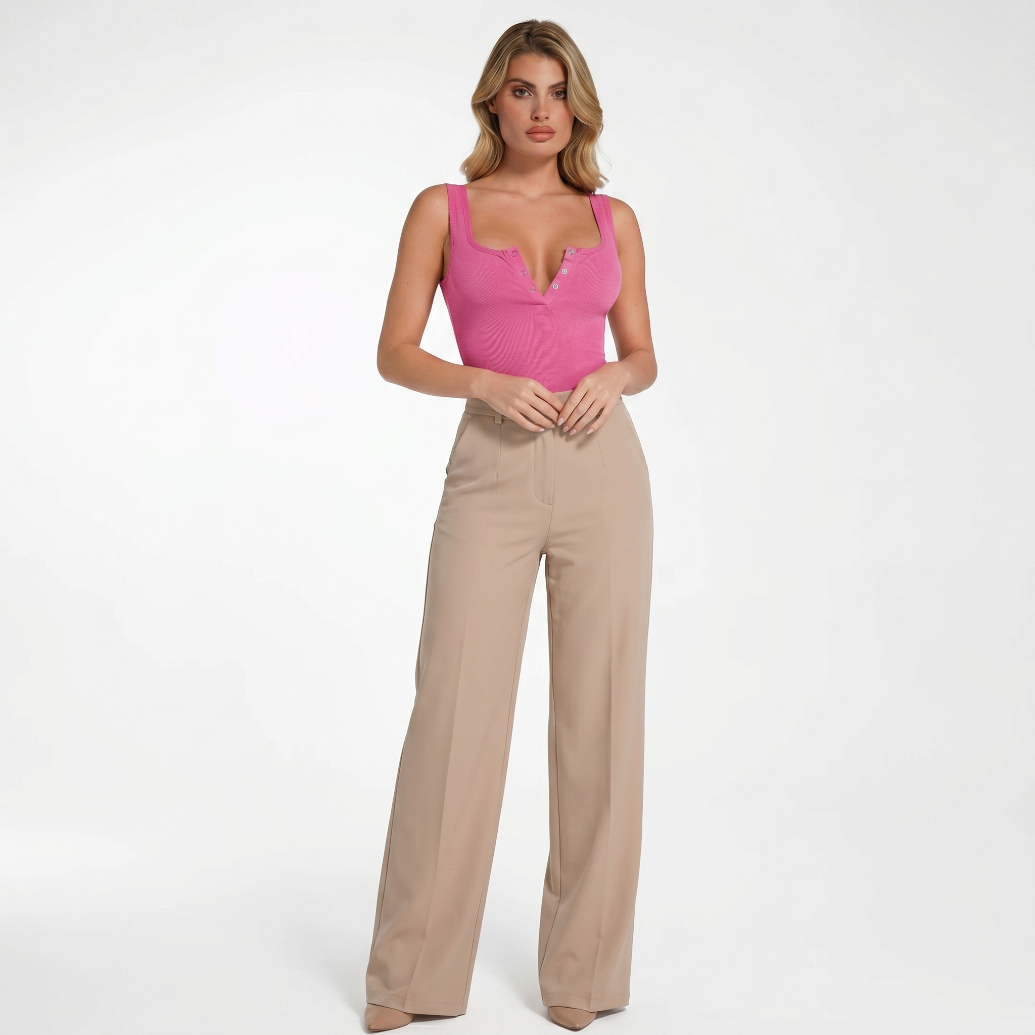 Model wearing modal henley bodysuit, front