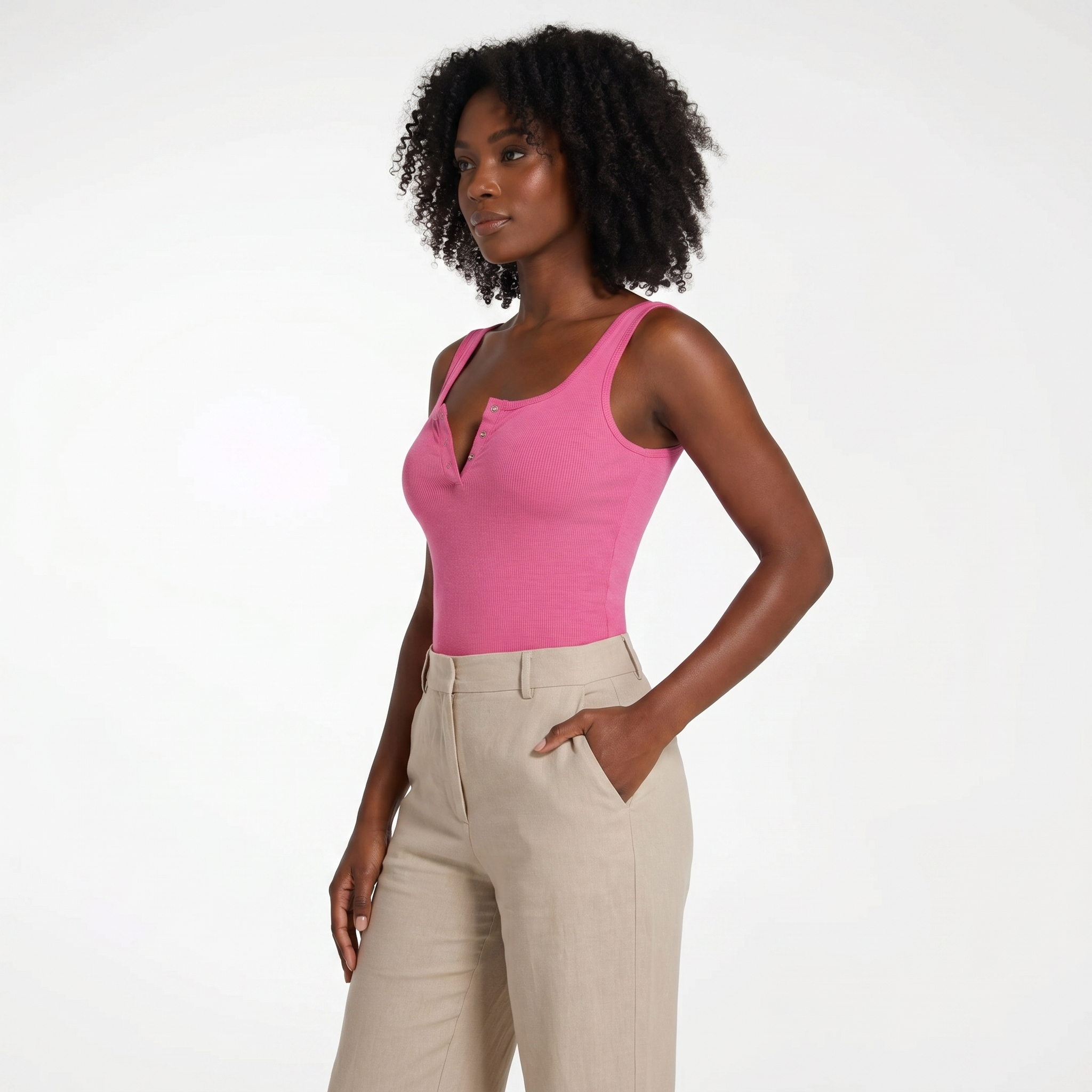 Model wearing modal henley bodysuit, three-quarter angle